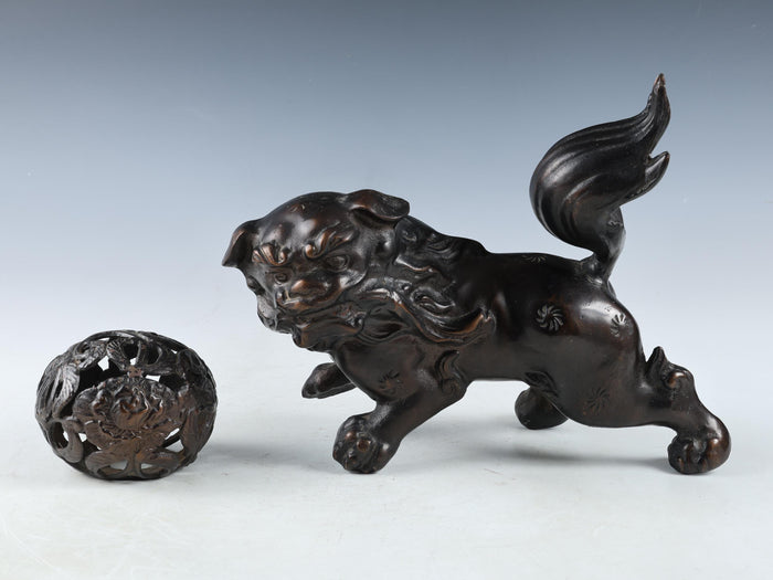 Japanese Bronze Komainu Statue - Showa Era Guardian Lion Figure