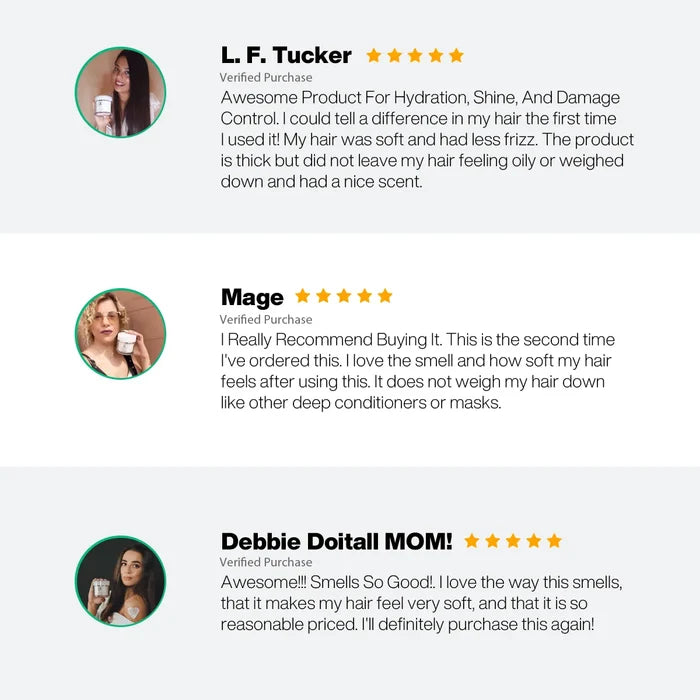 Three five-star verified reviews of the GK Hair Jumbo Care Pack: hydration, shine, soft hair, good scent, never weighed down