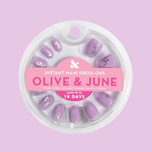 Lavender Iridescent Stars - Press-On | Extra Short | Round with soft lavender polish and shimmering star accents for easy at-home mani