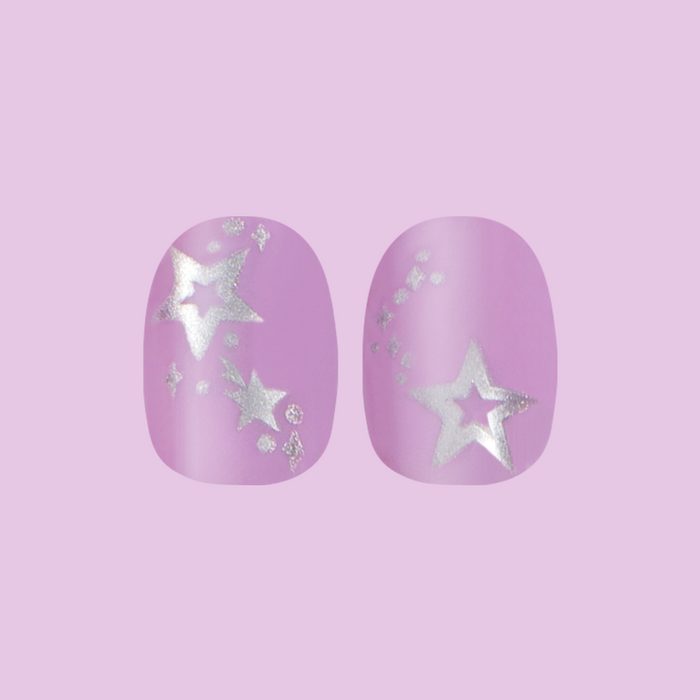Lavender Iridescent Stars - Press-On | Extra Short | Round with soft lavender polish and shimmering iridescent star details for at-home mani