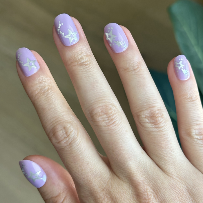 Lavender Iridescent Stars - Press-On | Extra Short | Round with soft lavender polish and subtle star accents for easy at-home manicure