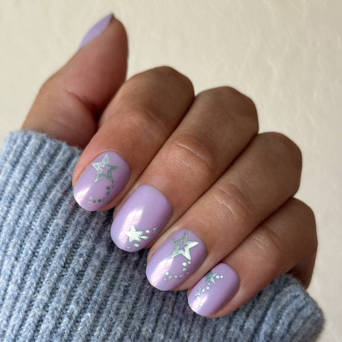 Lavender Iridescent Stars - Press-On | Extra Short | Round with soft lavender polish and shimmering star accents for an easy at-home manicure