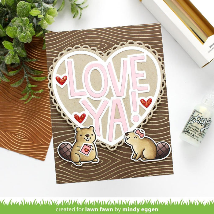 Lawn Fawn - Lawn Cuts Background Hot Foil Plate - Woodgrain. Add a foiled design to your craft projects! These plates can be used with most hot foil machines, and leave a shiny impression but no cut lines on your cards. Approximate size: 4.25x5.5 in. Available at Embellish Away located in Bowmanville Ontario Canada. Card by Mindy Eggen.