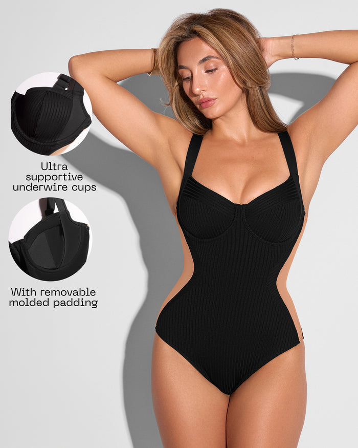 Details graphic of Siren - Contour Rib Black/Tawny highlighting underwire cups