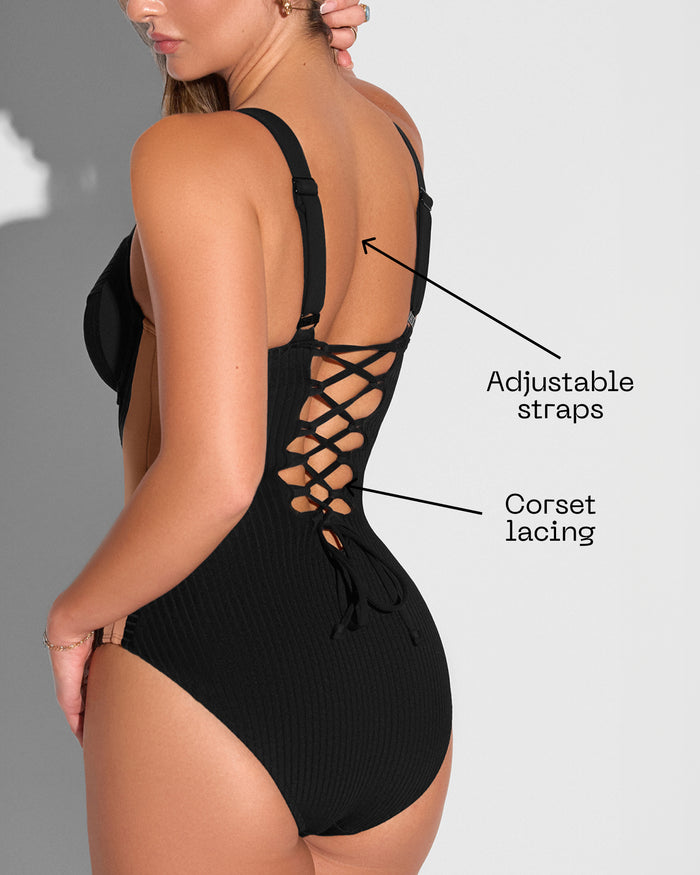 Details graphic of Siren - Contour Rib Black/Tawny highlighting back corset lacing