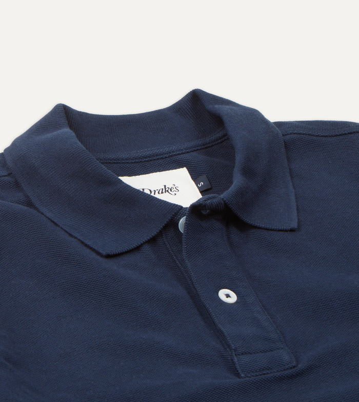 Light Navy Pique Cotton Long-Sleeve Polo Shirt
