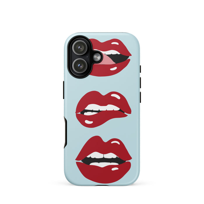 Phone case with red lips design on a light blue background