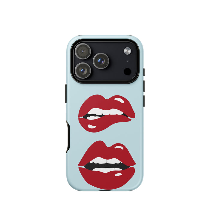 Phone case with red lips design on a light blue background