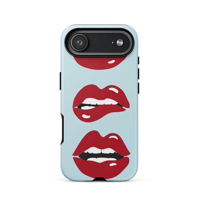 Phone case with red lips design on a light blue background