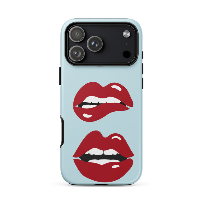 Phone case with red lips design on a light blue background