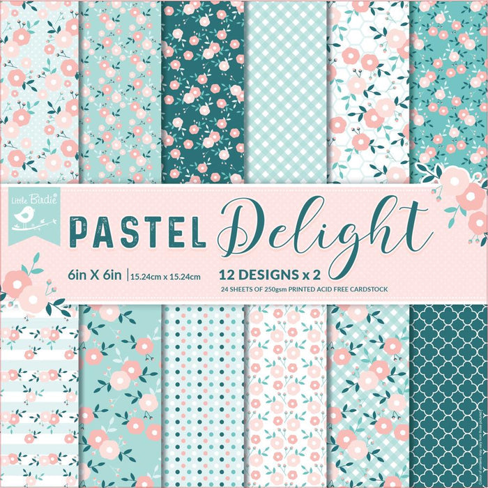 Little Birdie - Cardstock 24 Sheet Pack 6"X6" - Pastel Delight. Available at Embellish Away located in Bowmanville Ontario Canada.