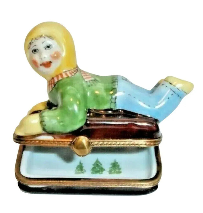 Kid on Sled Winter Sleigh Christmas Trees inside - Merry xmas Porcelain Limoges xmas theme Box winter French Trinket Box