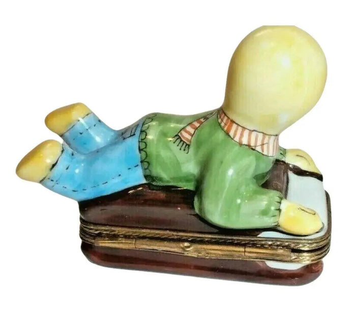 Kid on Sled Winter Sleigh Christmas Trees inside - Merry xmas Porcelain Limoges xmas theme Box winter French Trinket Box