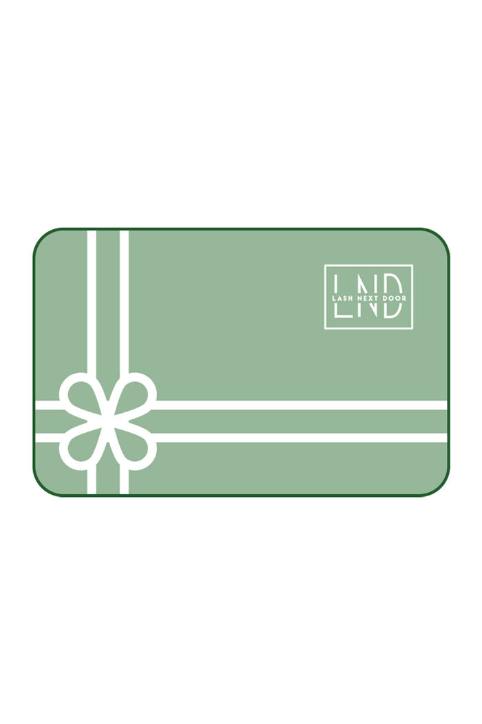 A digital gift card with a green background, white stripes, and a white bow illustration in the center, with the brand 'LND' displayed.