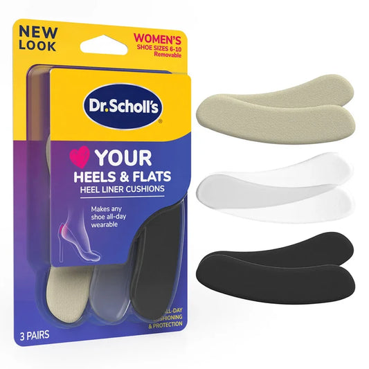 Heel liner cushions set, Dr. Scholl's, 3 pairs in beige, white, and black.