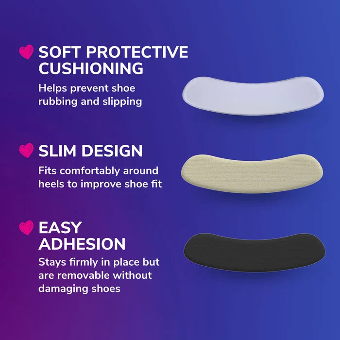 Heel liner cushions, slim design, 3 pairs in white, beige, and black.