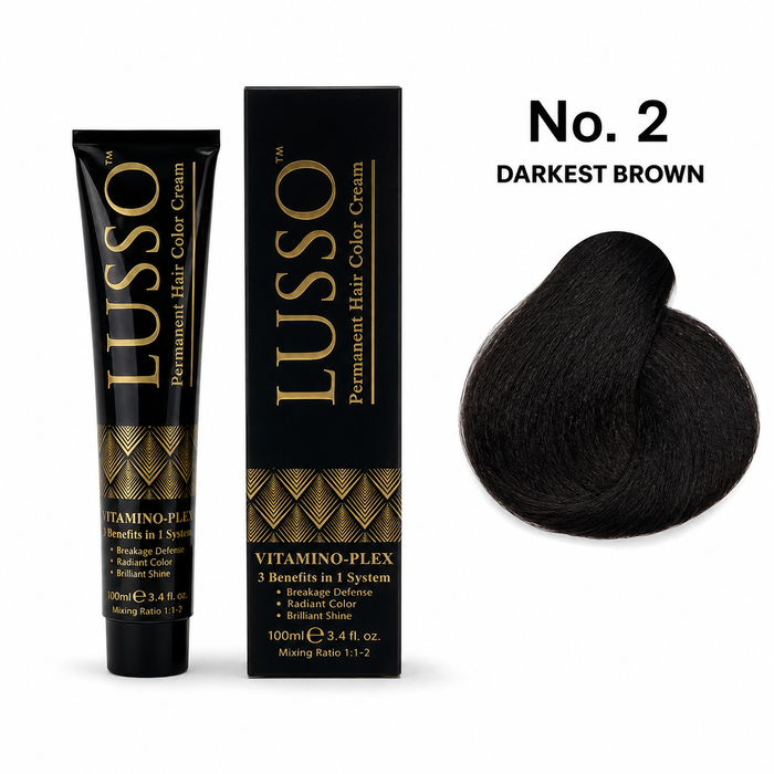 LUSSO Permanent Hair Colour Cream 100 ml No. 2 Darkest Brown with colour swatch