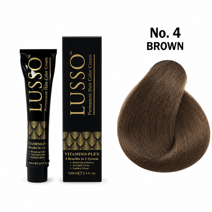 LUSSO Permanent Hair Colour Cream 100 ml No. 4 Brown with colour swatch