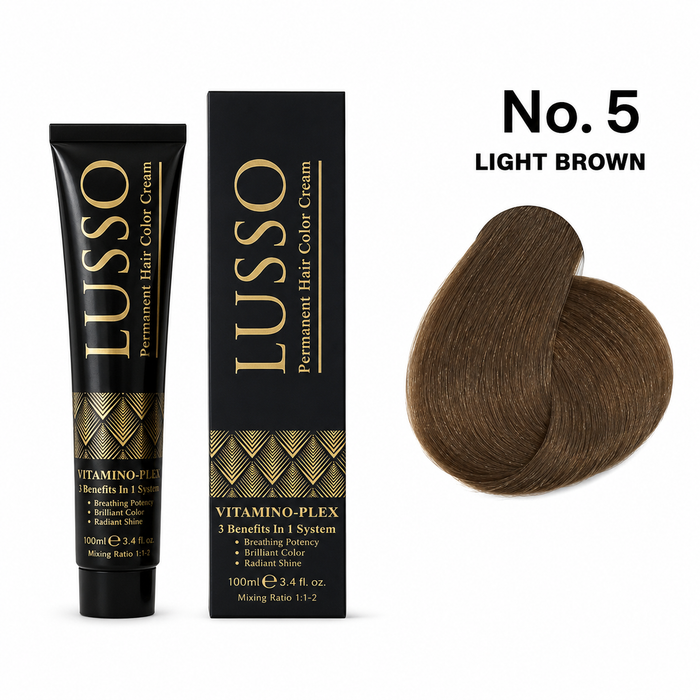 LUSSO Permanent Hair Colour Cream 100 ml No. 5 Light Brown with colour swatch