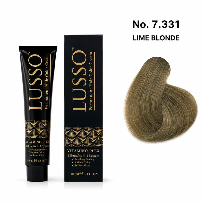 LUSSO Permanent Hair Colour Cream 100 ml No. 7.331 Lime Blonde with colour swatch