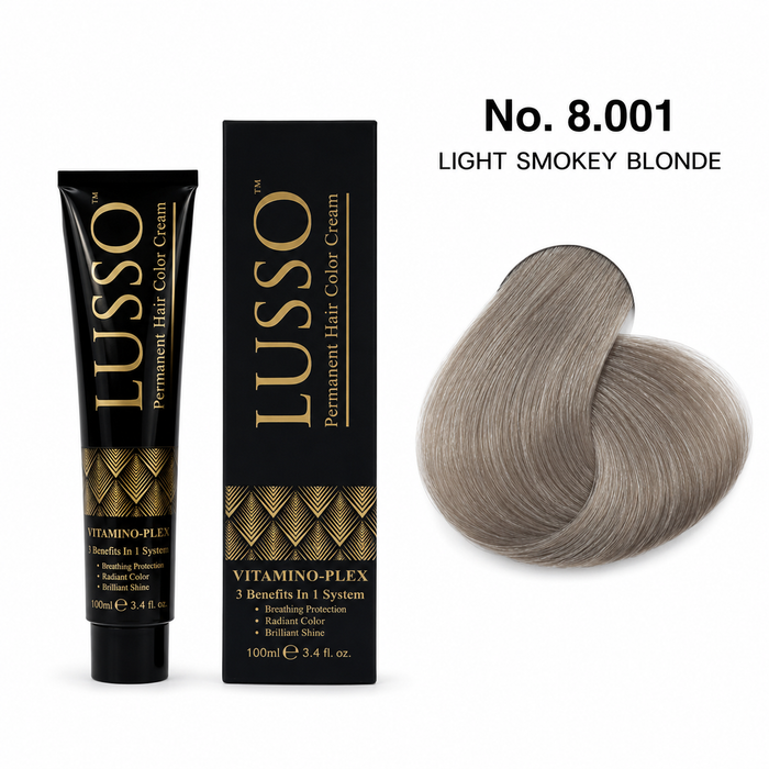 LUSSO Permanent Hair Colour Cream 100 ml No. 8.001 Light Smokey Blonde with colour swatch
