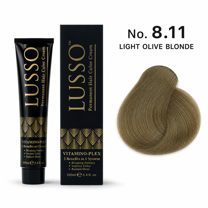 LUSSO Permanent Hair Colour Cream 100 ml No. 8.11 Light Olive Blonde with colour swatch