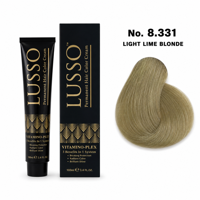 LUSSO Permanent Hair Colour Cream 100 ml No. 8.331 Light Lime Blonde with colour swatch
