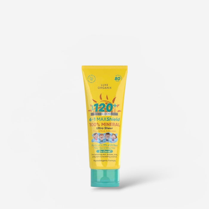 Luxe Organix 6in1 MAXShield 100% Mineral Ultra Sheer Face & Body Sunscreen SPF120 100ml واقي الشمس لوكس أورجانيكس 6 في 1 ماكس شيلد، معدني 100%، شفاف للغاية، للوجه والجسم، عامل حماية من الشمس 120 - Princess Cosmetics Qatar
