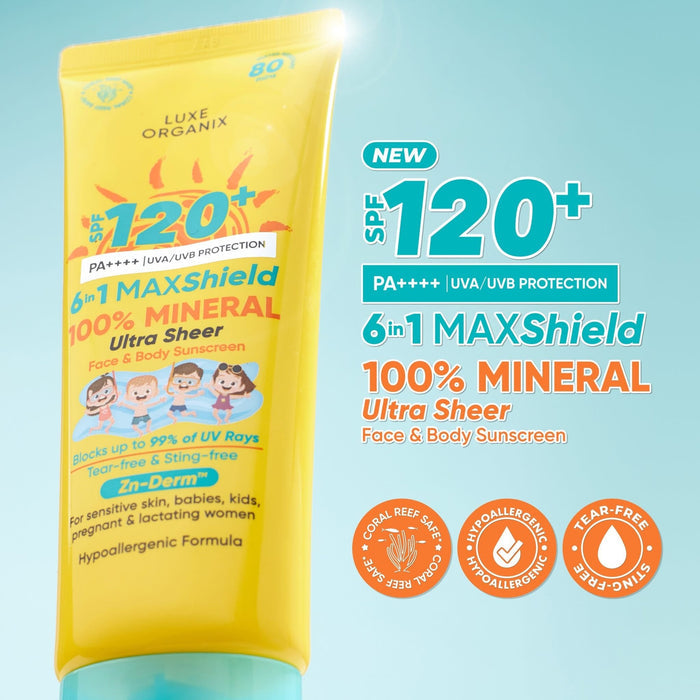 Luxe Organix 6in1 MAXShield 100% Mineral Ultra Sheer Face & Body Sunscreen SPF120 100ml واقي الشمس لوكس أورجانيكس 6 في 1 ماكس شيلد، معدني 100%، شفاف للغاية، للوجه والجسم، عامل حماية من الشمس 120 - Princess Cosmetics Qatar