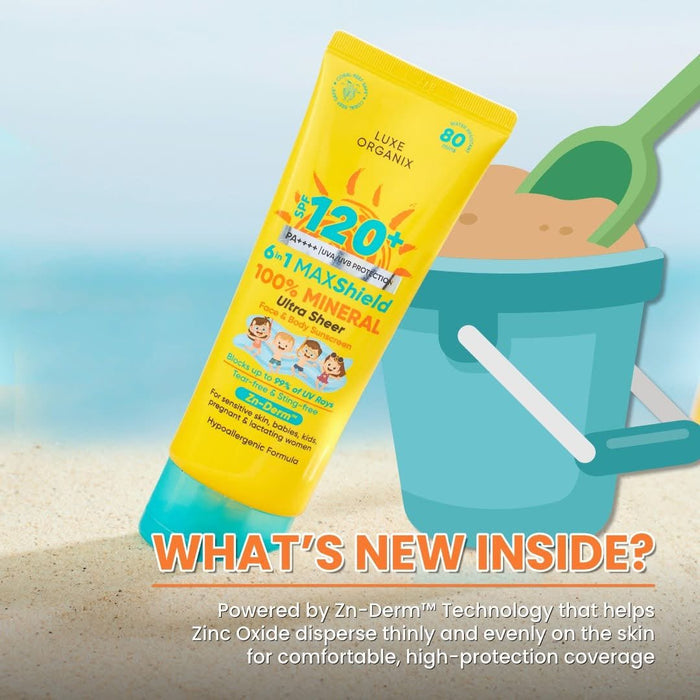 Luxe Organix 6in1 MAXShield 100% Mineral Ultra Sheer Face & Body Sunscreen SPF120 100ml واقي الشمس لوكس أورجانيكس 6 في 1 ماكس شيلد، معدني 100%، شفاف للغاية، للوجه والجسم، عامل حماية من الشمس 120 - Princess Cosmetics Qatar
