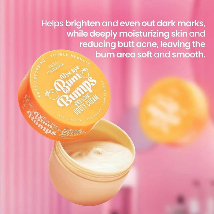 Luxe Organix Bye Bye Bum Bumps White & Clear Booty Cream 230g كريم لوكس أورجانيكس باي باي بوم بامبس وايت آند كلير بوتي - Princess Cosmetics Qatar