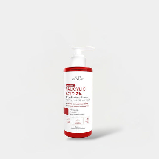 Luxe Organix Dermapro Salicylic Acid 2% Acne Rescue Serum Antibacterial Body Wash 500ml لوكس أورغانيكس ديرمابرو حمض الساليسيليك 2% سيروم إنقاذ لحب الشباب غسول جسم مضاد للبكتيريا - Princess Cosmetics Qatar