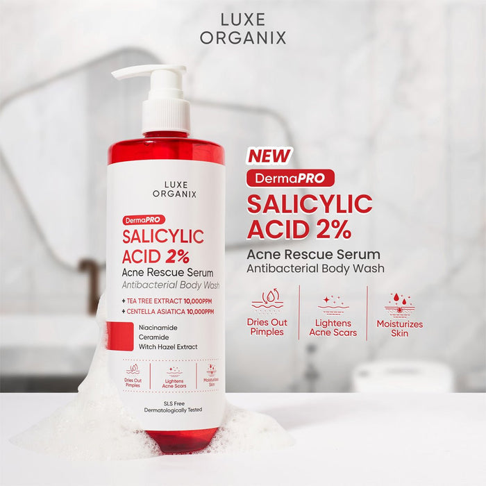 Luxe Organix Dermapro Salicylic Acid 2% Acne Rescue Serum Antibacterial Body Wash 500ml لوكس أورغانيكس ديرمابرو حمض الساليسيليك 2% سيروم إنقاذ لحب الشباب غسول جسم مضاد للبكتيريا - Princess Cosmetics Qatar
