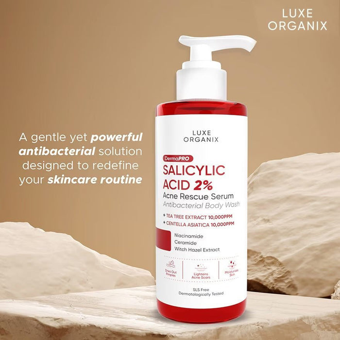 Luxe Organix Dermapro Salicylic Acid 2% Acne Rescue Serum Antibacterial Body Wash 500ml لوكس أورغانيكس ديرمابرو حمض الساليسيليك 2% سيروم إنقاذ لحب الشباب غسول جسم مضاد للبكتيريا - Princess Cosmetics Qatar