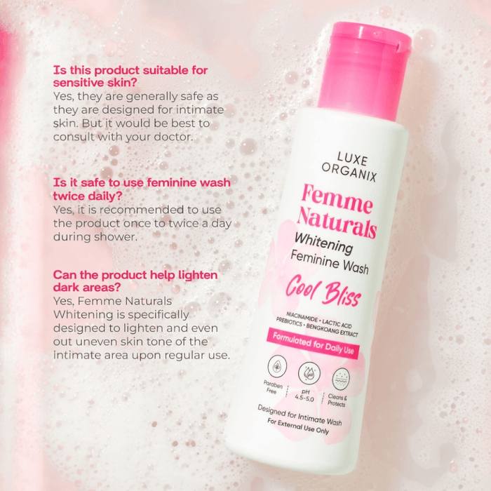 Luxe Organix Femme Naturals Whitening Feminine Wash 120ml غسول تبييض البشرة الطبيعي الفاخر من لوكس أورجانيكس فيم - Princess Cosmetics Qatar
