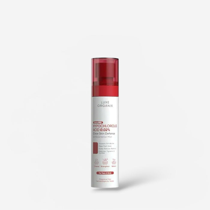 Luxe Organix Hypochlorous Acid 0.02% Clear Skin Defense Antibacterial Mist 100ml بخاخ لوكس أورجانيكس المضاد للبكتيريا بحمض الهيبوكلوروس 0.02%، 100 مل - Princess Cosmetics Qatar