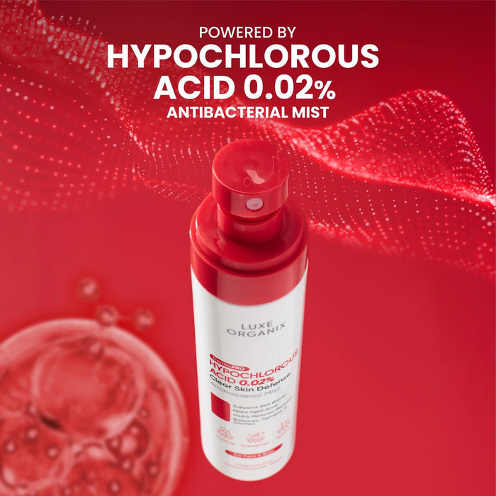 Luxe Organix Hypochlorous Acid 0.02% Clear Skin Defense Antibacterial Mist 100ml بخاخ لوكس أورجانيكس المضاد للبكتيريا بحمض الهيبوكلوروس 0.02%، 100 مل - Princess Cosmetics Qatar
