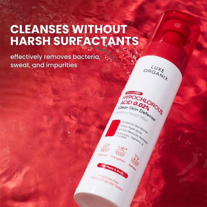 Luxe Organix Hypochlorous Acid 0.02% Clear Skin Defense Antibacterial Mist 100ml بخاخ لوكس أورجانيكس المضاد للبكتيريا بحمض الهيبوكلوروس 0.02%، 100 مل - Princess Cosmetics Qatar