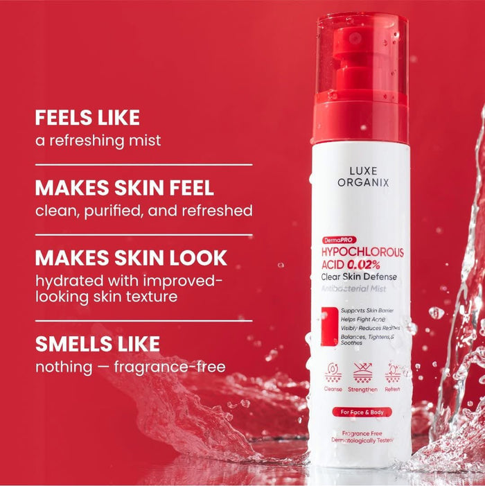 Luxe Organix Hypochlorous Acid 0.02% Clear Skin Defense Antibacterial Mist 100ml بخاخ لوكس أورجانيكس المضاد للبكتيريا بحمض الهيبوكلوروس 0.02%، 100 مل - Princess Cosmetics Qatar