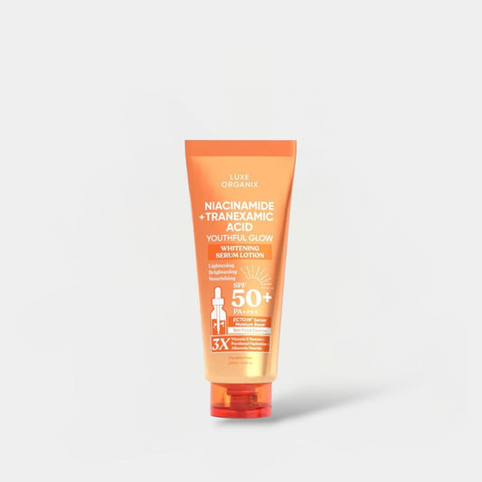 Luxe Organix Niacinamide + Tranexamic Acid Youthful Glow Whitening Serum Lotion SPF50 PA++++ 200ml لوكس أورغانيكس نياكيناميد + حمض الترانيكساميك لوشن سيروم لتفتيح البشرة وإشراقتها الشبابية - Princess Cosmetics Qatar