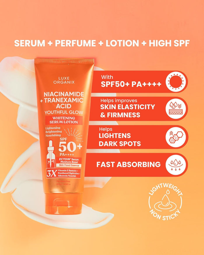 Luxe Organix Niacinamide + Tranexamic Acid Youthful Glow Whitening Serum Lotion SPF50 PA++++ 200ml لوكس أورجانيكس نياسيناميد + حمض الترانيكساميك لوشن مصل تفتيح البشرة الشبابية SPF50 PA ++++ 200 مل - Princess Cosmetics Qatar