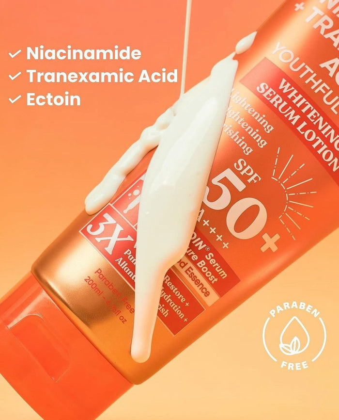 Luxe Organix Niacinamide + Tranexamic Acid Youthful Glow Whitening Serum Lotion SPF50 PA++++ 200ml لوكس أورجانيكس نياسيناميد + حمض الترانيكساميك لوشن مصل تفتيح البشرة الشبابية SPF50 PA ++++ 200 مل - Princess Cosmetics Qatar