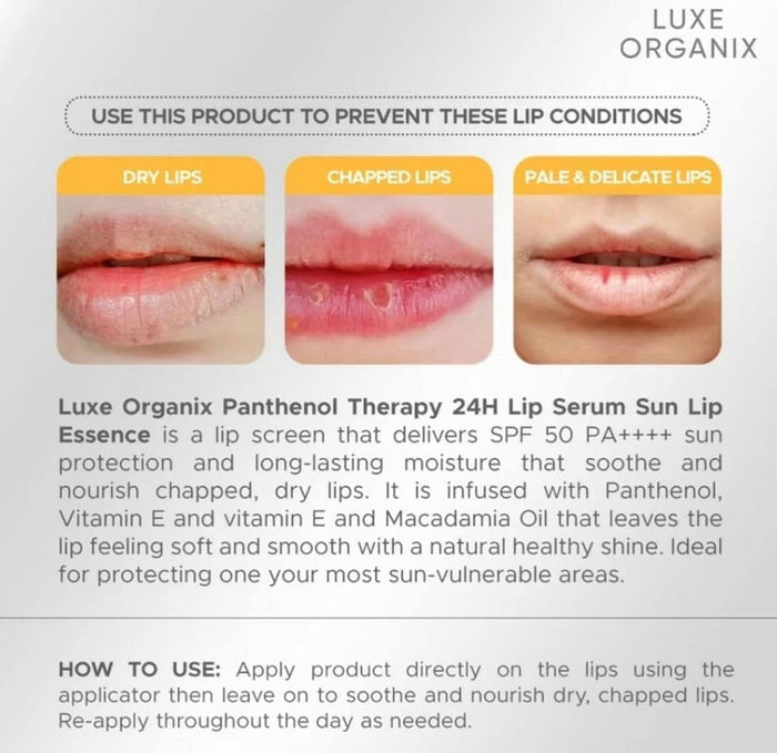 Luxe Organix Panthenol Therapy 24H Lipscreen Sun Lip Essence SPF 50 PA++++ 10g مرطب شفاه لوكس أورجانيكس بانثينول ثيرابي 24 ساعة من كريم أساس واقي من الشمس - Princess Cosmetics Qatar