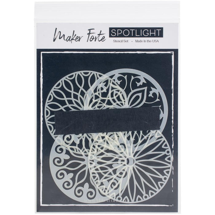 Maker Forte - Stencils Spotlight Insert - Collection 2. This package includes 4 circle dies that measure 3.5" and designed to coordinate with the Spotlight Stencil Line. Made in USA. Available at Embellish Away located in Bowmanville Ontario Canada.