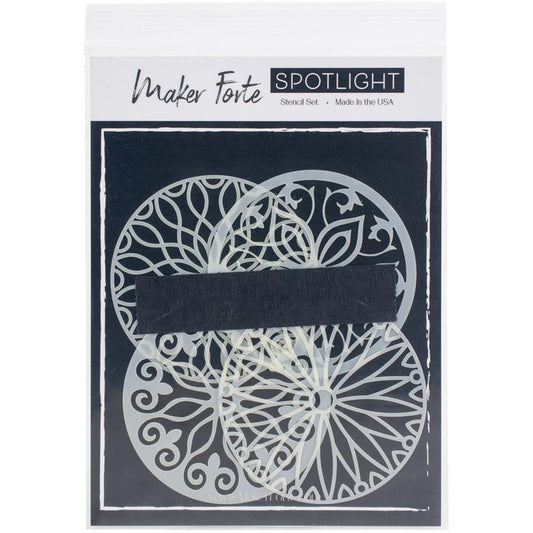 Maker Forte - Stencils Spotlight Insert - Collection 2. This package includes 4 circle dies that measure 3.5" and designed to coordinate with the Spotlight Stencil Line. Made in USA. Available at Embellish Away located in Bowmanville Ontario Canada.