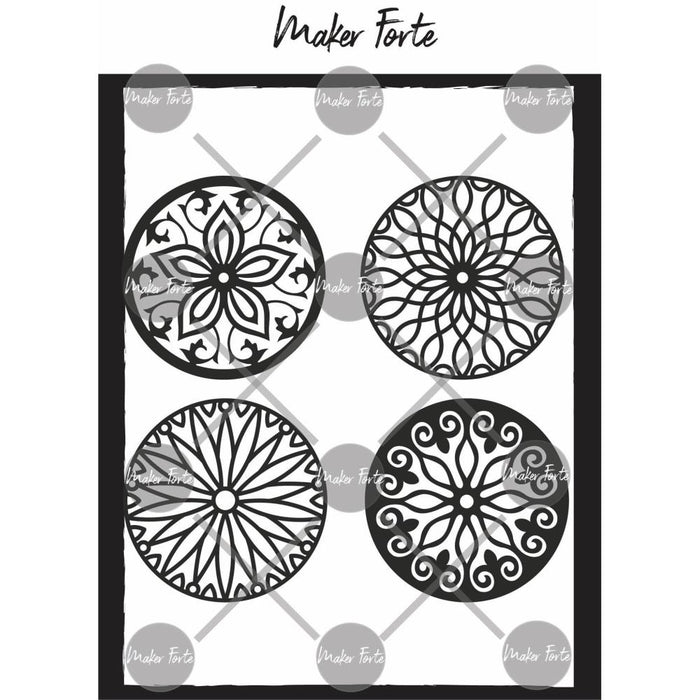 Maker Forte - Stencils Spotlight Insert - Collection 2. This package includes 4 circle dies that measure 3.5" and designed to coordinate with the Spotlight Stencil Line. Made in USA. Available at Embellish Away located in Bowmanville Ontario Canada.