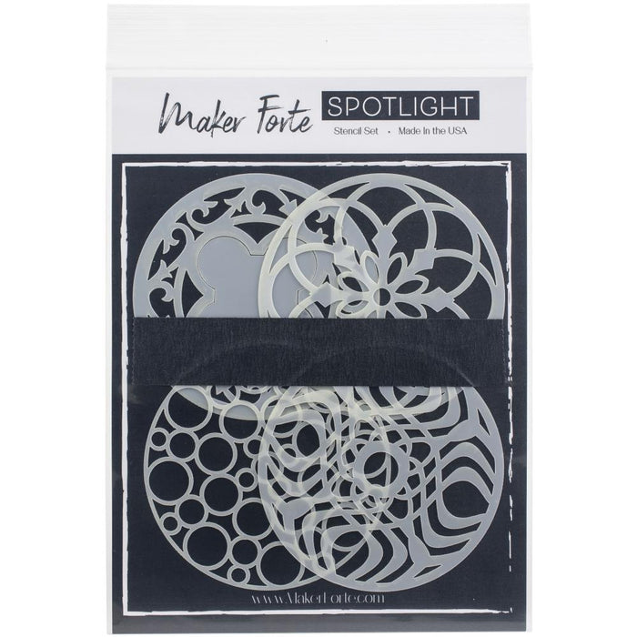 Maker Forte - Stencils Spotlight Insert - Collection 3. This package includes 4 circle dies that measure 3.5" and designed to coordinate with the Spotlight Stencil Line. Made in USA. Available at Embellish Away located in Bowmanville Ontario Canada.