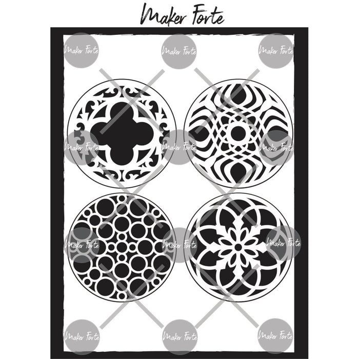 Maker Forte - Stencils Spotlight Insert - Collection 3. This package includes 4 circle dies that measure 3.5" and designed to coordinate with the Spotlight Stencil Line. Made in USA. Available at Embellish Away located in Bowmanville Ontario Canada.