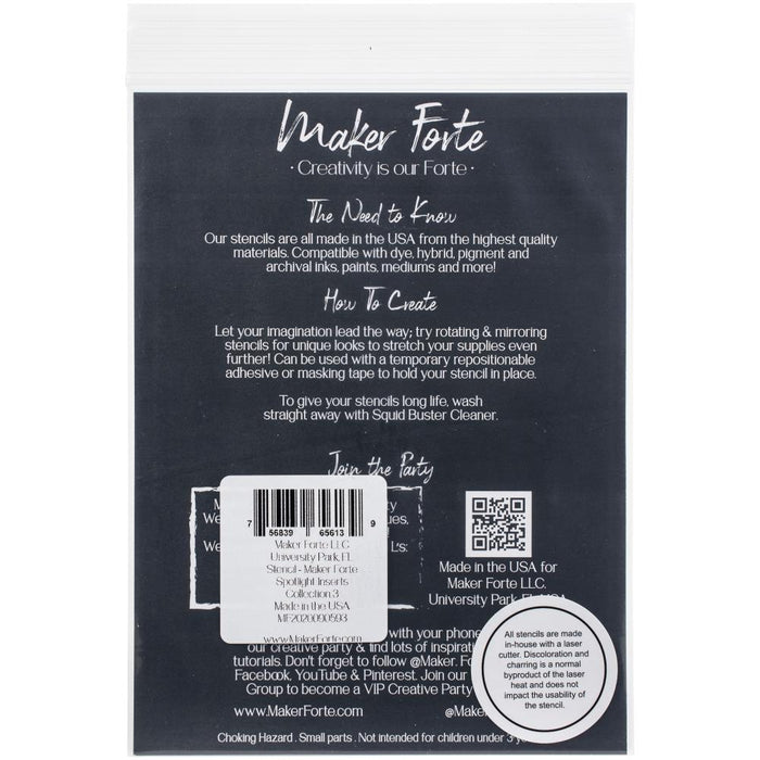 Maker Forte - Stencils Spotlight Insert - Collection 3. This package includes 4 circle dies that measure 3.5" and designed to coordinate with the Spotlight Stencil Line. Made in USA. Available at Embellish Away located in Bowmanville Ontario Canada.