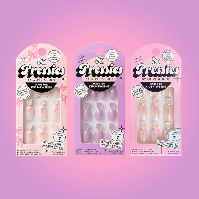 Mani Party Pressie Trio showing three sets of press-on nails with solid, 3D, and shimmering finishes for kids and tweens